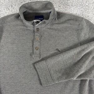 Tommy Bahama Mens Grey Ribbed Snap Mock Neck Pullover Marlin Logo Large Sweater